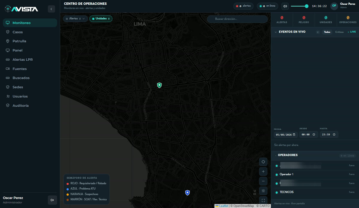 AVISTA — Centro de operaciones de seguridad: mapa en tiempo real y tipos de alerta